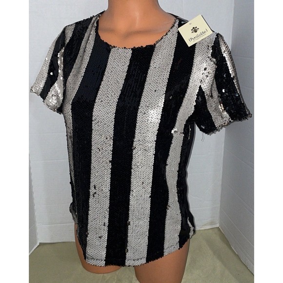 New-black white sequins beads evening formal cocktail blouse Top SM - Picture 3 of 7